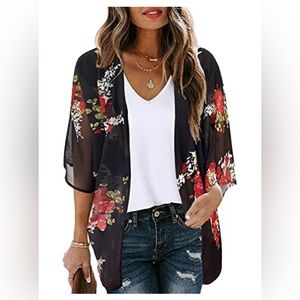 Traleubie Women's Floral Print Chiffon Kimono Cardigan